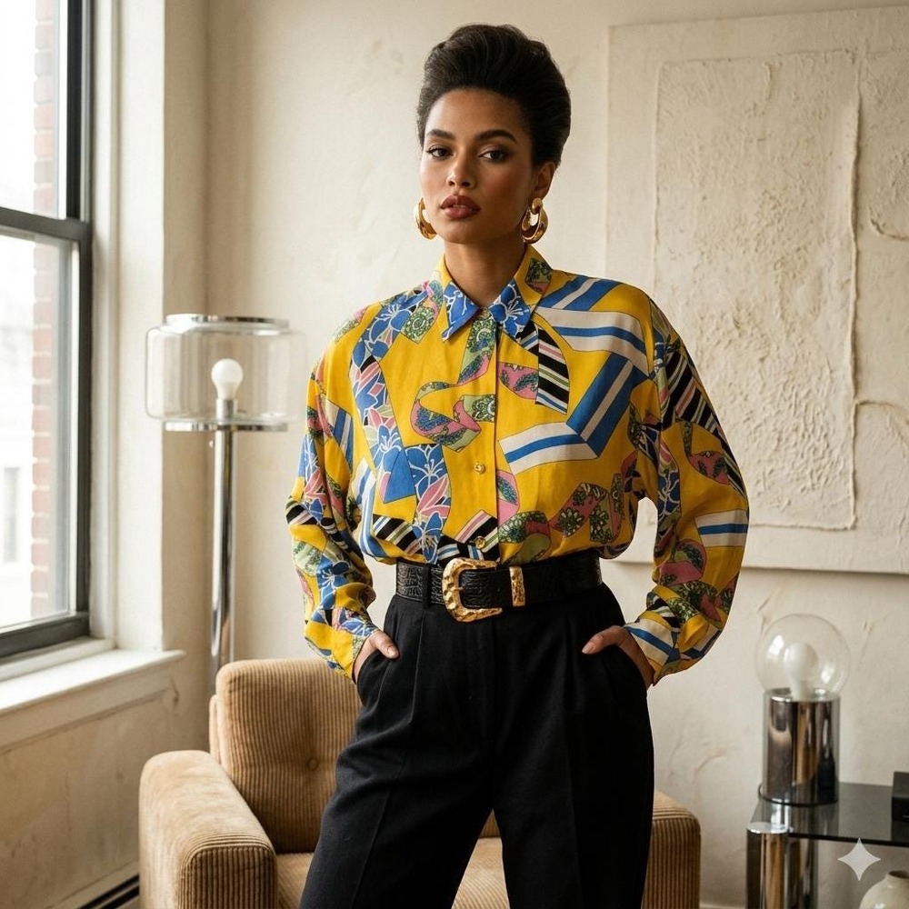 Vintage 80s Pierre Balmain Blouse Yellow Ribbon Abstract Chez Catherine Toronto